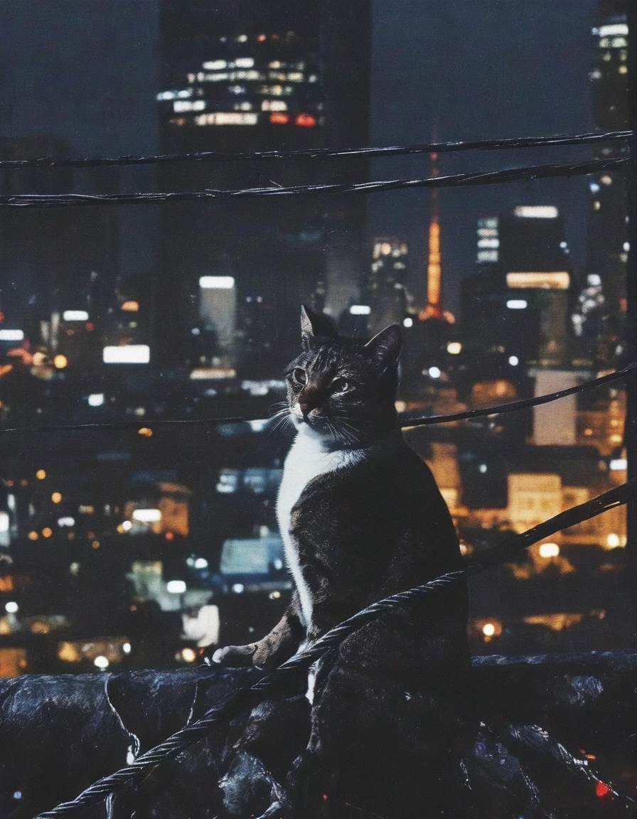 long view of  electric pole with many electric cables and cat  sits on it, bangkok at night background 