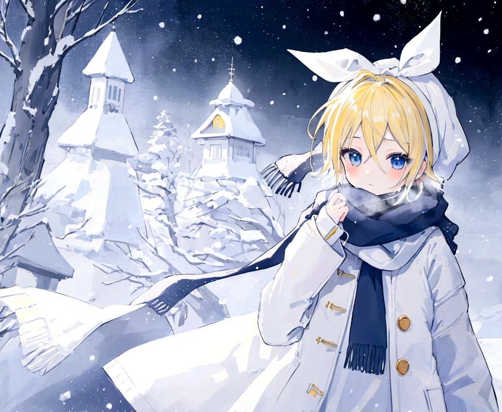 Highest quality、masterpiece、Kagamine Len、Mature、Winter clothes、Scarf、White Sky、It&#39;s snowing a little