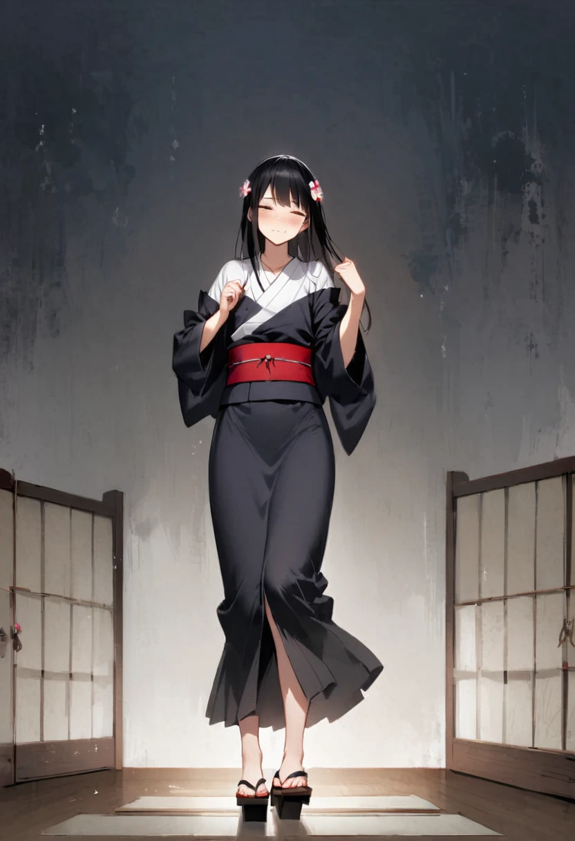 Zashiki-warashi、Japanese style、Shoji screen、tatami、Haunted House、darkness、Late Night、kimono、Bob、Girl、Girl、Younger、、flat chest、Black Long Hair、Dynamic Angle、A faint smile、Squinting、ball、Flower Hair Ornaments、Geta or bare feet
