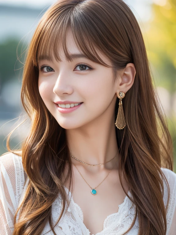 Ultra-high resolution, Superior Quality, Highest quality, Very detailed, Realistic, 8K, RAW Photos, Highest quality, masterpiece, Attractive girl, Awesome girl, Light brown hair、Wavy Hair、 hairstyle semi long、Mesh Hair, Japanese Idols, ear piercing、Necklace around the neck、blouse、smile、
