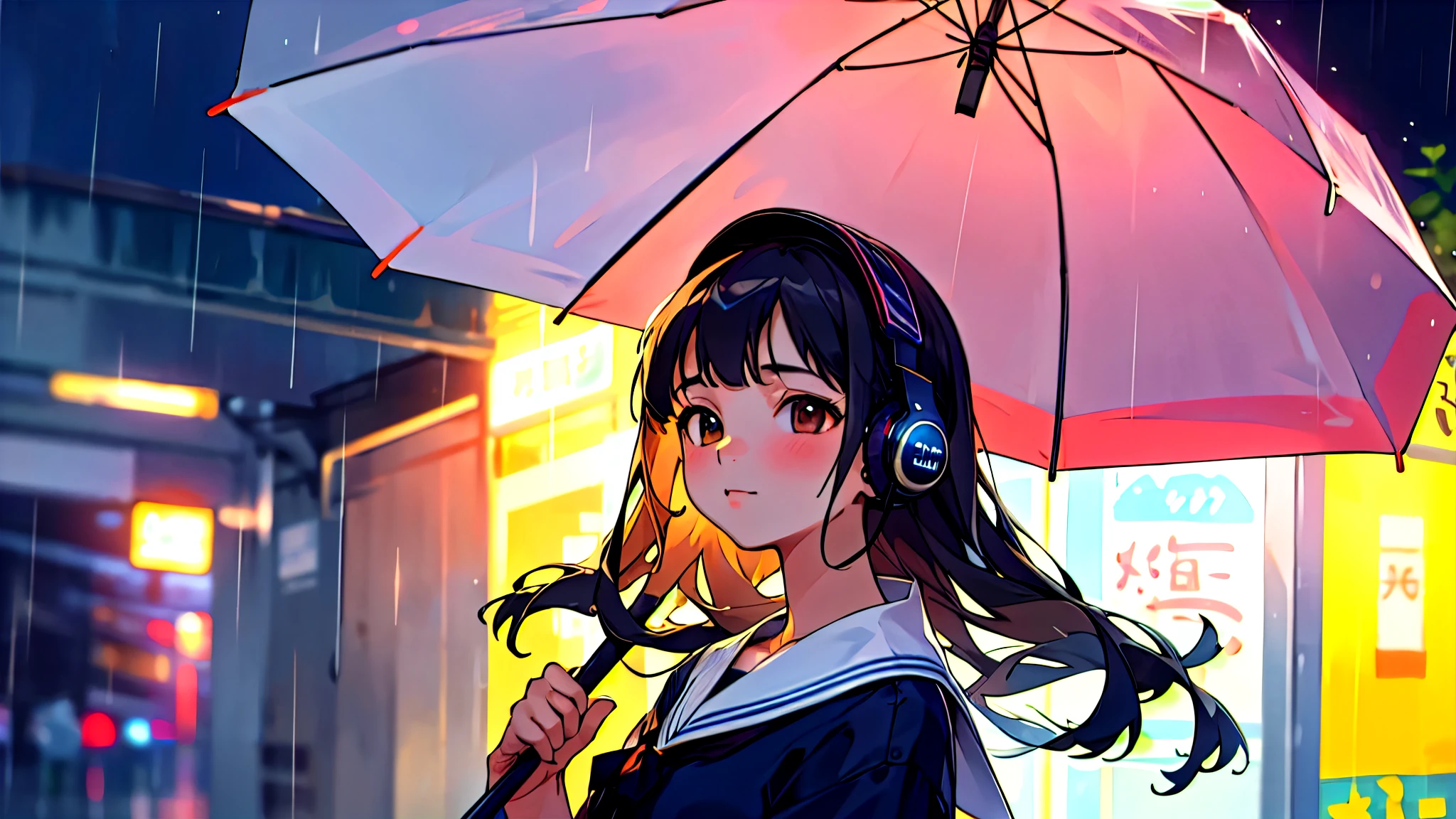 (Highest quality, masterpiece, Ultra-realistic), Beautiful and delicate１５Year-old girl portrait, Holding an umbrella、Calm expression, The background is a business district at night with glittering neon buildings.、Downpour during the rainy season、While listening to music with headphones、Looking at me。Sailor suit