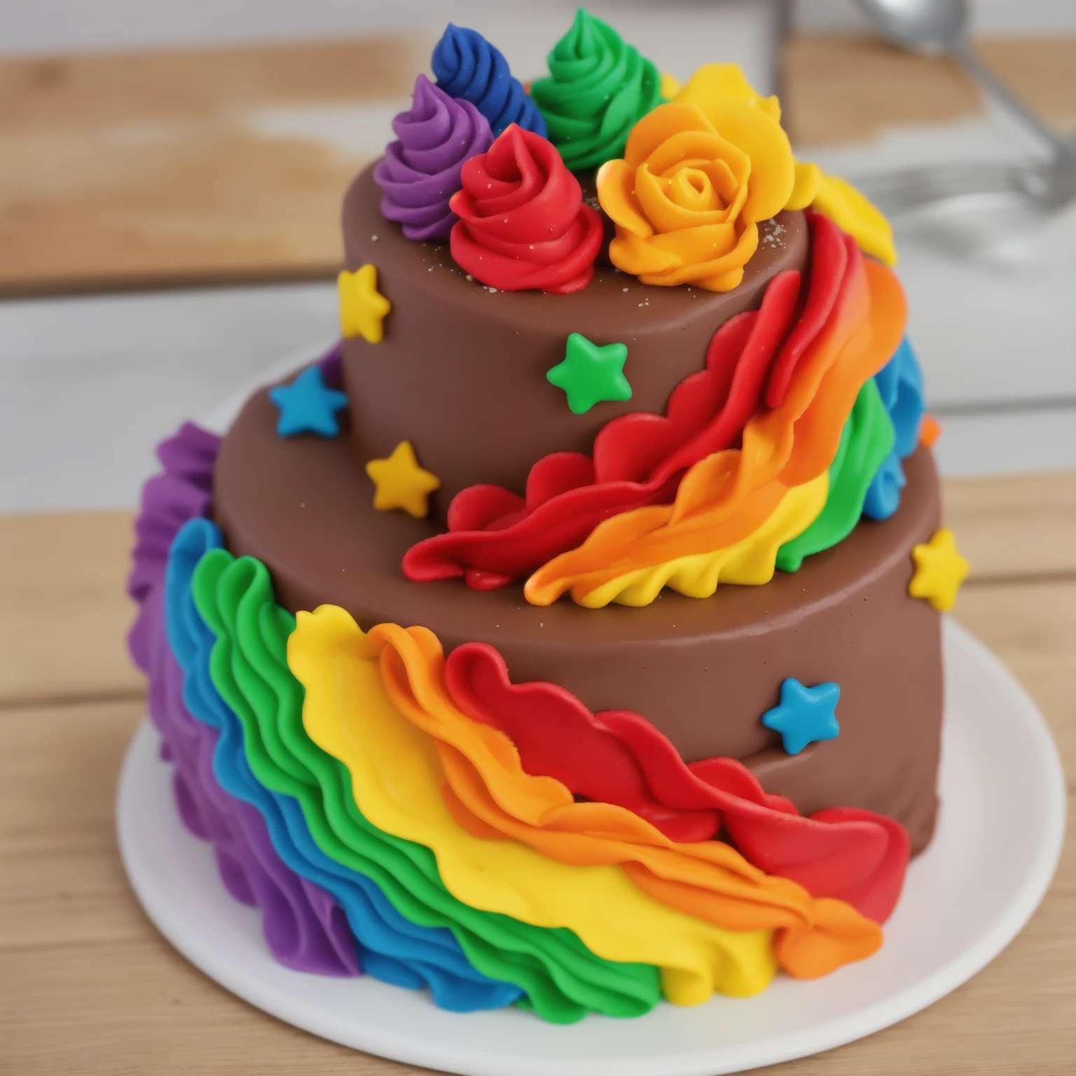 on a wooden table. there is a white plate. two-tier cake, chocolate cream cake, rainbow cream in the form of ruffles, decorated with rainbow stars made of polymer clay, multi-colored cream on top, against the background of the kitchen, Beautiful light from the window, Contour light, several light sources, beautiful lighting, Bright light source, bright lighting, beautiful light sources, Multiple light sources, Realistic style , realistic texture, detailed texture, A high resolution, high quality, beautiful photo of the cake, advertising photo, macro photography