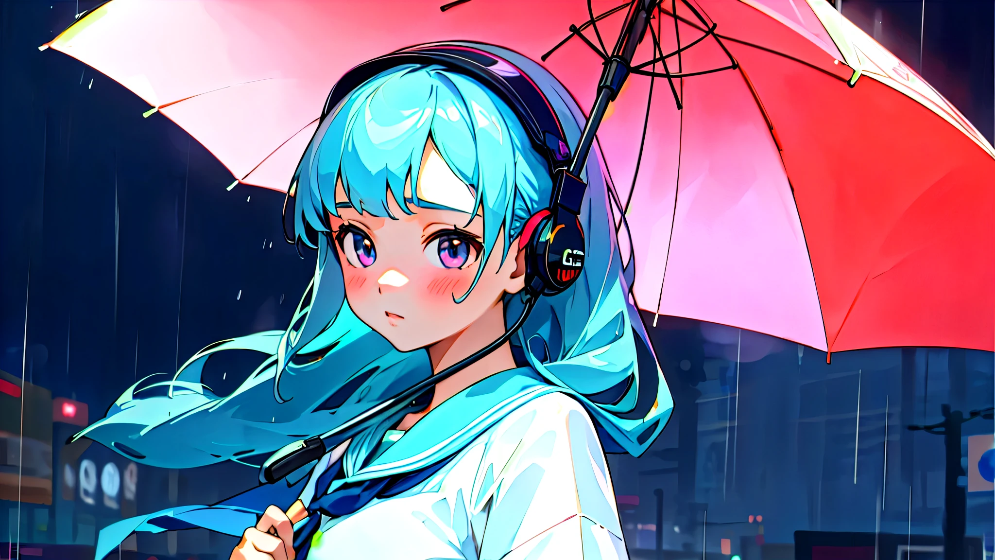 (Highest quality, masterpiece, Ultra-realistic), Beautiful and delicate15Year-old girl portrait, Holding an umbrella、Calm expression, The background is a business district at night with glittering neon buildings.、Downpour during the rainy season、While listening to music with headphones、Looking at me。Sailor suit