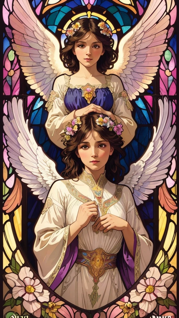 (Highest quality:1.2,Vector art:1.1,Vibrant colors,Stained glass,Beautiful vintage angel woman,A look of determination,(Wide open angel wings:1.1),Facing the Observer,Alphonse Mucha style,Complex floral background,Vibrant colors,Warm Tones,Soft lighting)