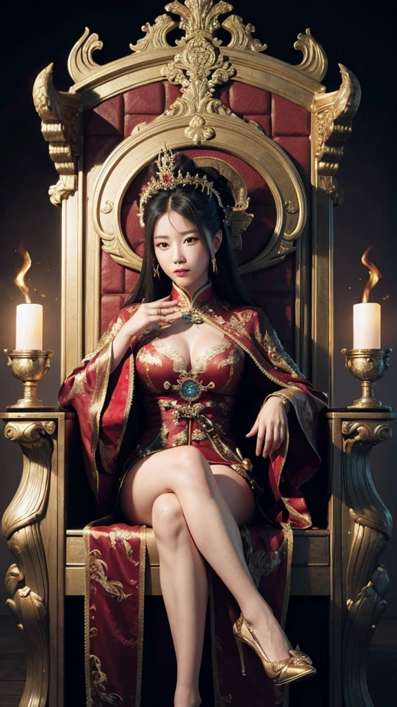 The Chinese Empress, wearing a luxurious dragon robe, sits cross-legged on a throne. The head chair has a dragon head sculpture, top-down view, courtiers flanking her left and right, the background is the Throne Hall. ,Highest quality, high resolution, 8k clarity : realistic 3D illustrations.
