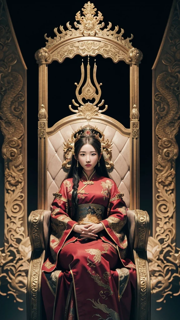 The Chinese Empress, wearing a luxurious dragon robe, sits cross-legged on a throne. The head chair has a dragon head sculpture, top-down view, courtiers flanking her left and right, the background is the Throne Hall. ,Highest quality, high resolution, 8k clarity : realistic 3D illustrations.