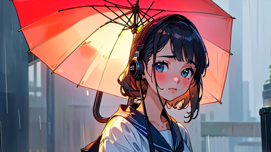 (Highest quality, masterpiece, Ultra-realistic), Beautiful and delicate15Year-old girl portrait, Holding an umbrella、Calm expression, The background is a business district at night with glittering neon buildings.、Downpour during the rainy season、While listening to music with headphones、Looking at me。Sailor suit