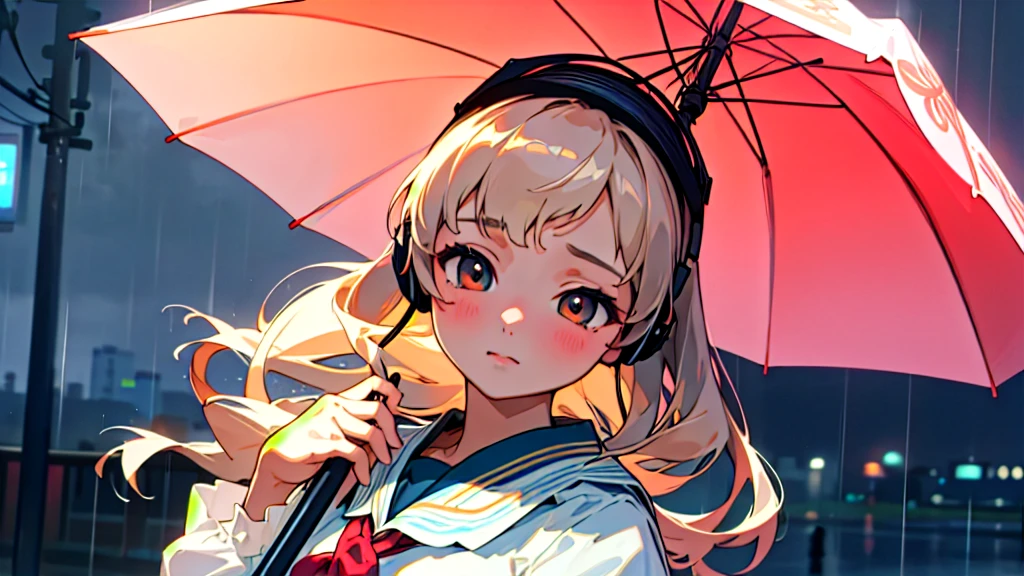 (Highest quality, masterpiece, Ultra-realistic), Beautiful and delicate１５Year-old girl portrait, Holding an umbrella、Calm expression, The background is a business district at night with glittering neon buildings.、Downpour during the rainy season、While listening to music with headphones、Looking at me。Sailor suit