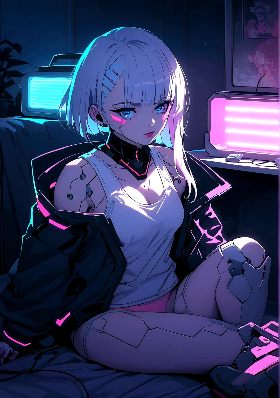 Imagine Lucy from cyberpunk edge runner, white short hair, pink line hair, blue eyes, cyborg implants, skin implants, Cyberpunk theme, white tank top, braless, pink panties, sitting on cozy room. Chilling, Neon lamps, retro music player