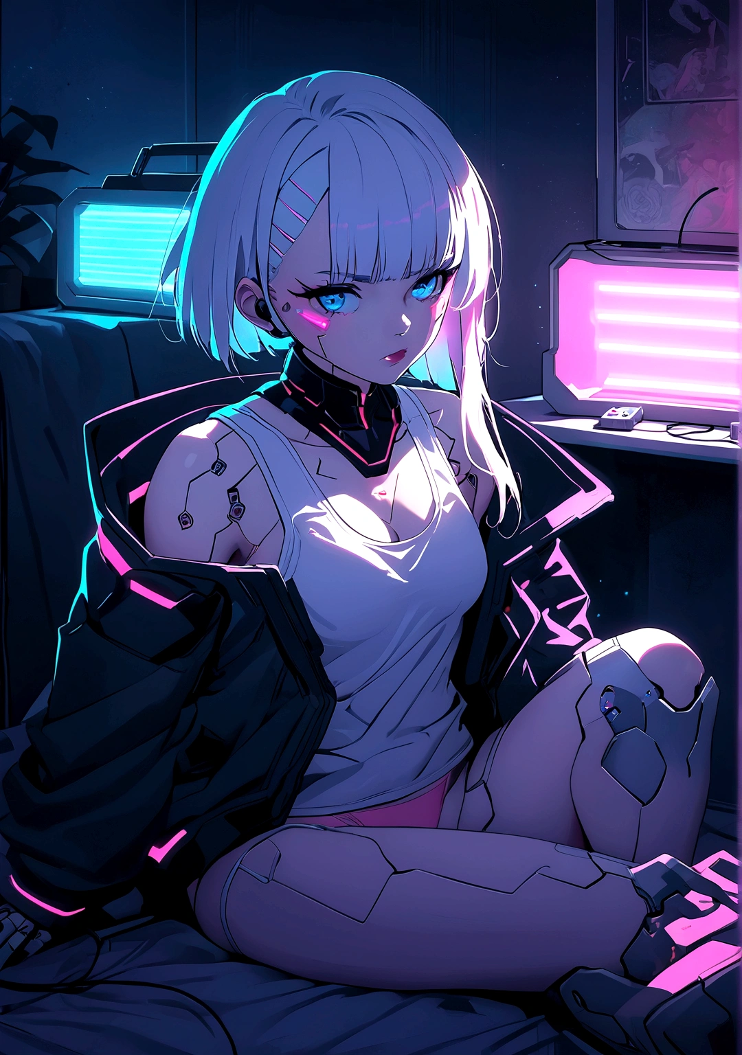 Imagine Lucy from cyberpunk edge runner, white short hair, pink line hair, blue eyes, cyborg implants, skin implants, Cyberpunk theme, white tank top, braless, pink panties, sitting on cozy room. Chilling, Neon lamps, retro music player