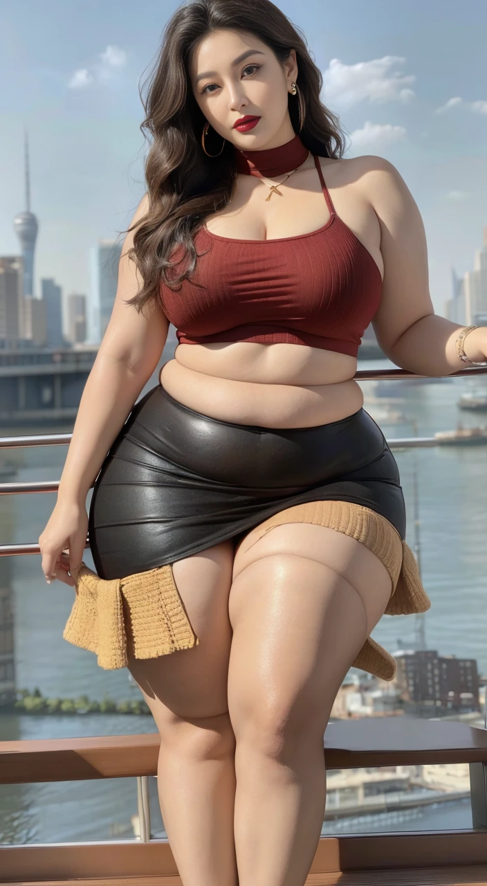 on the street,light brown clothes (No cleavage),thigh, cosmetic, (lipstick: 1.1), (Eyeliner: 1.2), mascara, Eyeshadow,Outdoor sports, earrings, necklace, Black pantyhose, Wrinkles at the corners of the eyes, Oral wrinkles,High Neck Knit Bodycon Skirt,full-body shot,An Asian Japanese woman,65 years old,big eyes,elegant temperament elegant temperament,(masterpiece:1.2, best quality), Practical, (The true situation,45 years old, Intricate details, Depth of Field,High neck clothes), careful, The content is very detailed, This is a perfect face, Perfect body, Large Model, Mature woman, High,Black silk garter belt,8K,best quality, masterpiece, Ultra-high resolution,(lifelike:1.4), original photo, Stay focused, detailed, Dramatic, Exquisite beautiful woman, (tall and straight:1.1),(Fat goddess desetallic high collar dress,High collar fitted skirt),half butterfly earrings, double ring necklace, (:1.05), (65 years old, : 1.4),Long curly hair, Dynamic angle, (red lips)Beautiful graphics, Black reflective leather pants and fishnet stockings,High heel