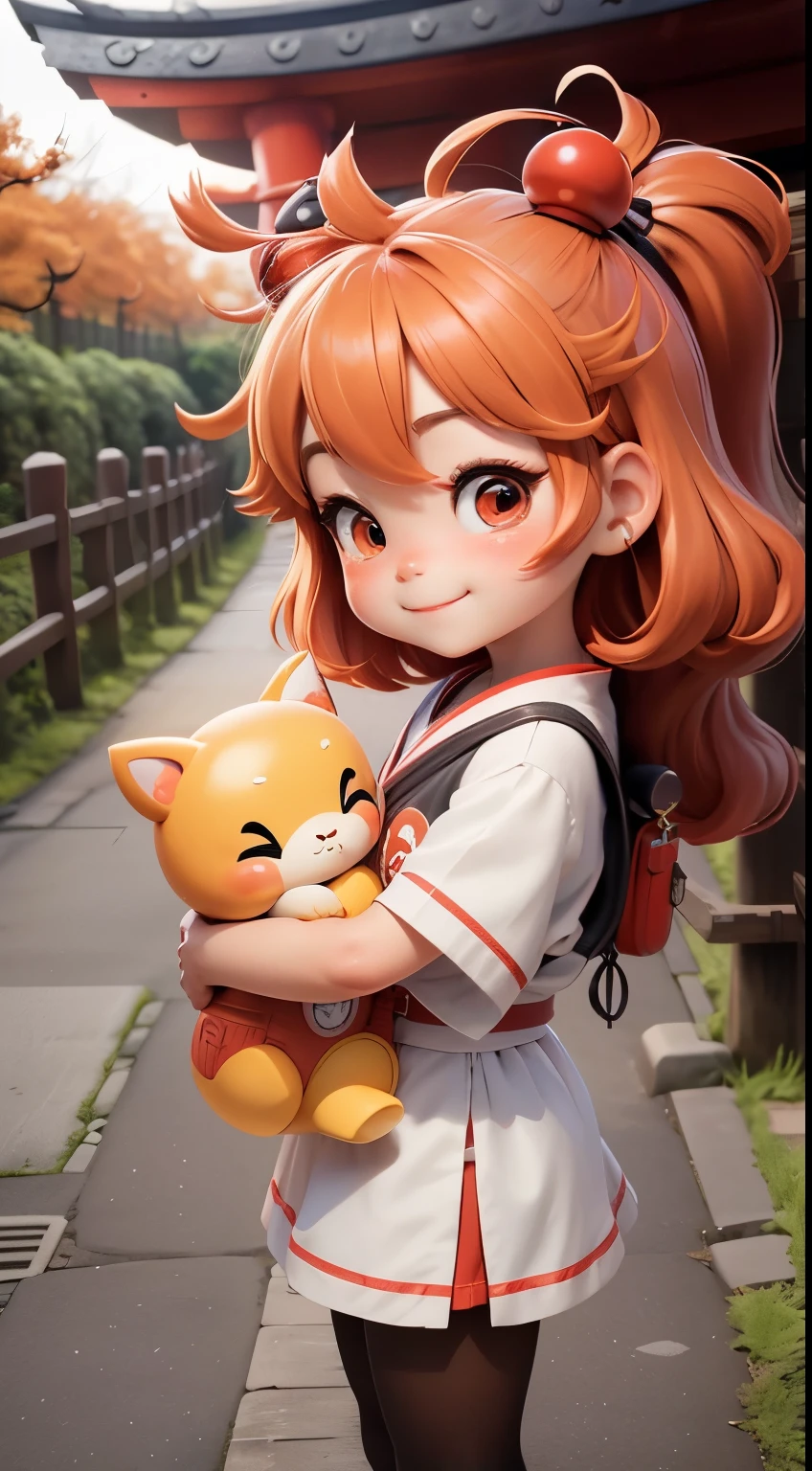 Create a loli baby chibi version of the Alice character in an 8K resolution, It's sunny. By Cartoon picture book of background is a Fushimi Inari-taisha Shrine in Japan, with many red torii gates, Detailed eyes, clear outlines, kawaii pose, A smile, Raise your right hand, Eye Up, Laugh, Cute red shoes, radiant light, Taken from the side. She should look adorable and cute. Give him a smiling expression and a sweet smile on his face, capturing the essence of the character in a delicate and charming way.