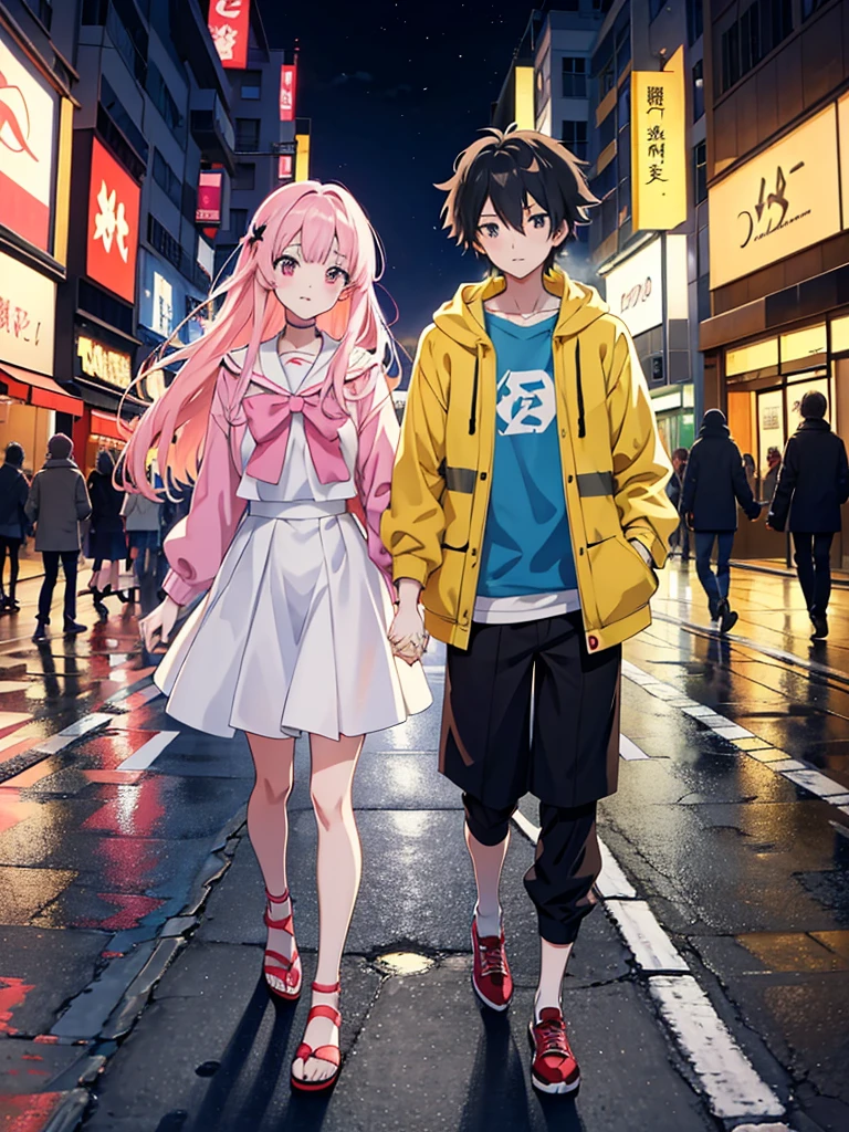 Anime couple walking down the street holding hands, Gweiz-style artwork, Walk together, Anime Style, Anime Style. 8K, 現代Anime Style, Anime Styleイラスト, Anime Style 4k, On the street, Anime Styleに, On the city streets, Anime full body illustration, Style Anime, Lovely couple, Beautiful anime art style