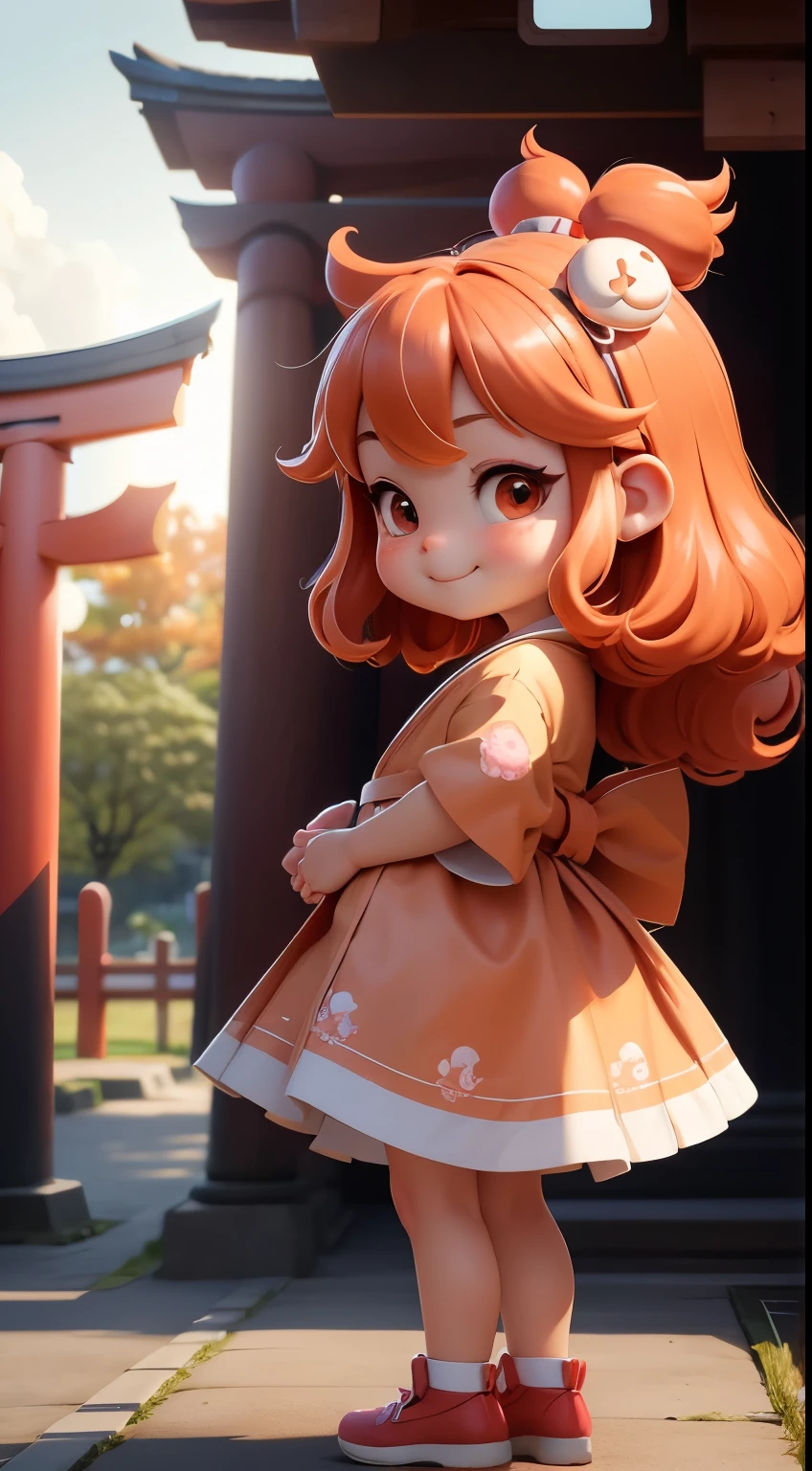 Create a loli baby chibi version of the Alice character in an 8K resolution, It's sunny.  By Cartoon picture book of background is a Fushimi Inari-taisha Shrine in Japan, with many red torii gates, Detailed eyes, clear outlines, kawaii pose, A smile, Raise your right hand, Eye Up, Laugh, Cute red shoes, radiant light, Taken from the side. She should look adorable and cute. Give him a smiling expression and a sweet smile on his face, capturing the essence of the character in a delicate and charming way.