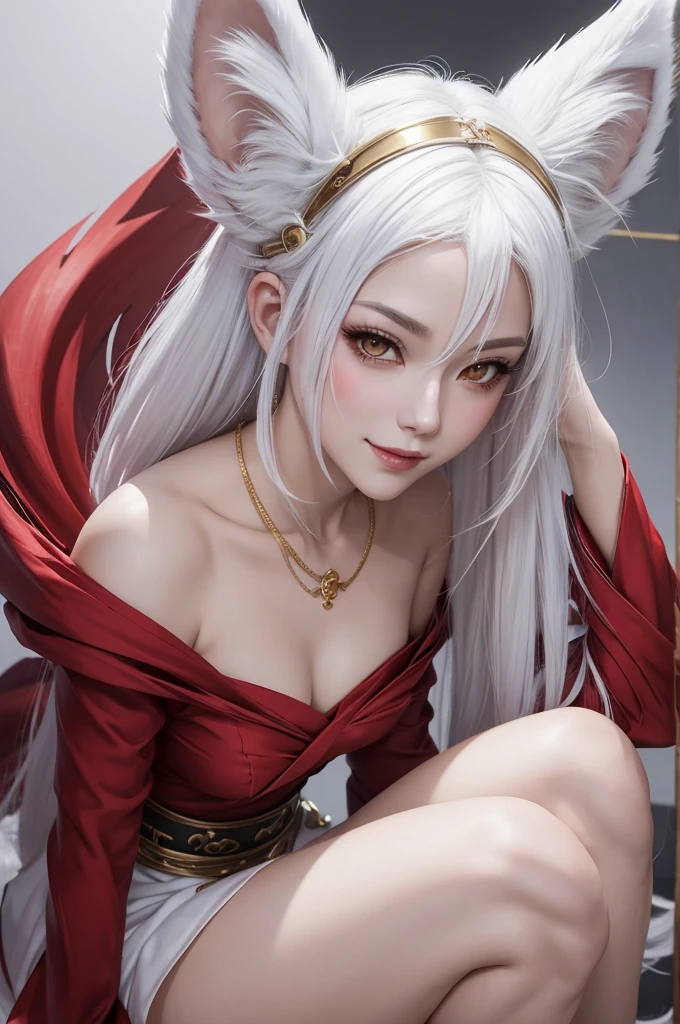 a close up of a woman with white hair and a white mask, beautiful character painting, epic exquisite character art, stunning character art, guweiz on pixiv artstation, sexy, hot, whore, slut, hoe, full body, seductive, seductive smile, small smile, shy, blushing, golden jewelry, folder tiara, necklace, golden, ribbons, red ribbons, kitsune, kitsune girl, 3 tailed fox girl, naked, vagina, white fox ears, fox tails, 3 fox tails, white hair,