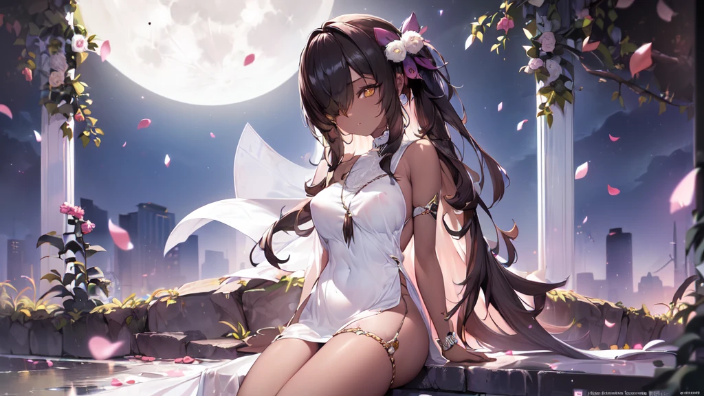 ((((Obra maestra, La mejor calidad, ultrahigh resolution)))), 1girl, standing,), ((long pure brown hair, hair over eye)), long hair cut, shiny skin, ((golden eyes)), glowing_eyes, neon eyes, (ultra detailed eyes:0.7, beautiful and detailed face, detailed eyes:0.9), ((centered)), smirk, facing viewer, ((vibrant background, dark lighting, summer, sunlight)), large chested, looking at viewer, ((half closed eyes)), ((perfect hands)), (((head:1, arms, hips in view, elbows, legs, in view))), ((hands behind back)), empty eyes, beautiful lighting, ((outside, outdoors)), defined subject, head tilt, (((gritty)), ((creepy)), ((cool)), ((beautiful)), (((SFW))), hair ornament, petals in the air, moon in the sky, city, mature woman, adult woman, sfw, pink and white dress, night dress, she is a princess, gal, dark skin, 