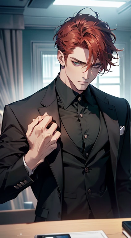 (best quality, masterpiece, 8K, photorealistic, cinematic lighting, 1:4 hdr image, ultra detailed, beautiful image), a mature man, 34 years very handsome, ((cold expression)), short red hair, green eyes, face perfect without mistakes, ((buttoning his jacket, CEO))