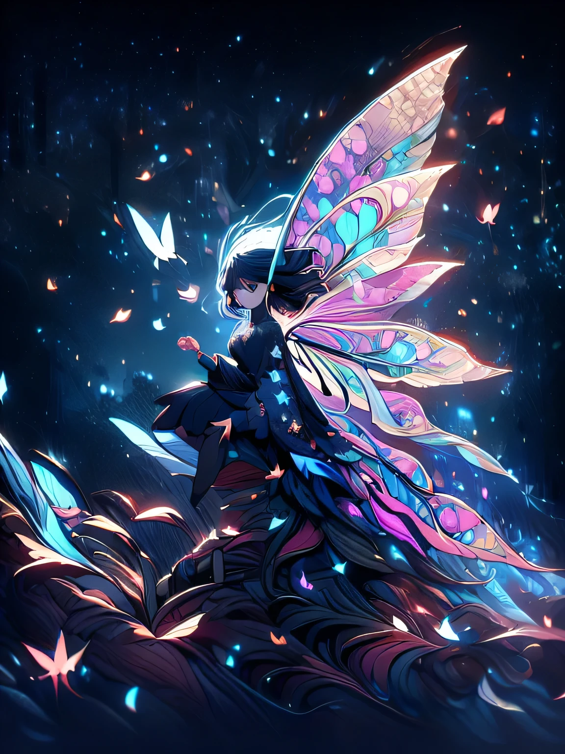 cinematic, fairy, girl, butterfly, forest, night, fantasy art, 8k, detailed, masterpiece, detailed background, detailed effect, ash blossom, pretty girl, white girl, beautiful girl, ((fairy girl)), full body, black hair, blue eyes, ((leaf dress)), ash light, night sky, star