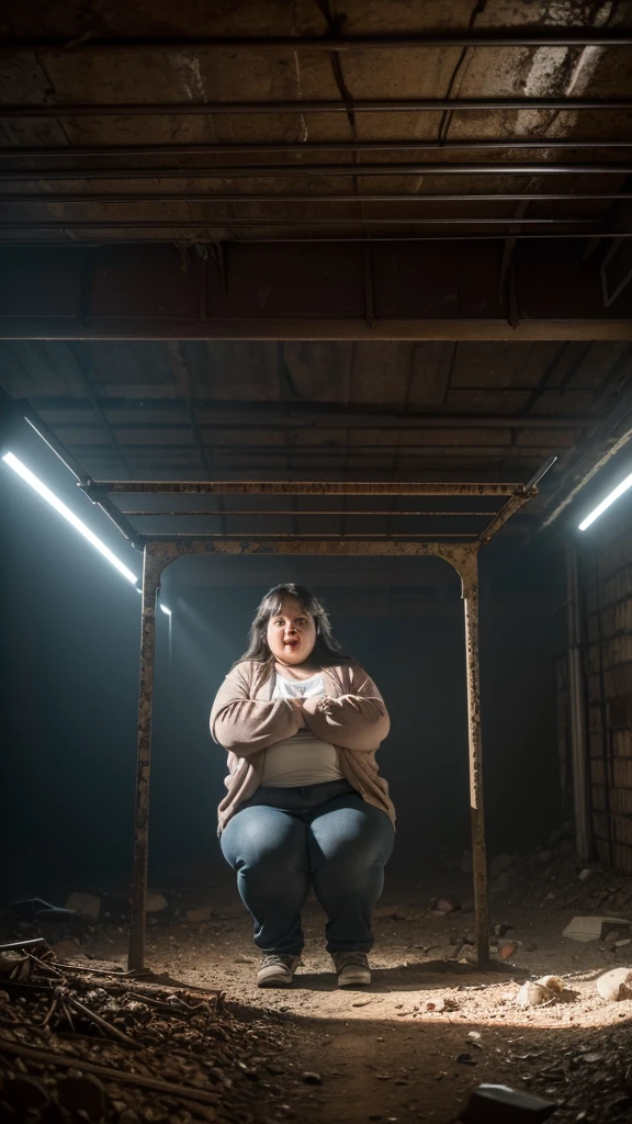 An overweight Russian girl squats with bare legs in her own puddle in a dirty alley
