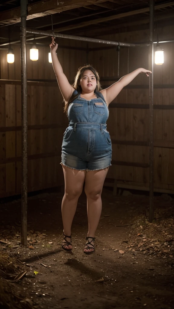 A very fat, obese 10-year-old girl in an underground prison, looking excited, detailed facial features, (best quality,4k,8k,highres,masterpiece:1.2),ultra-detailed,(realistic,photorealistic,photo-realistic:1.37),HDR,UHD,studio lighting,ultra-fine painting,sharp focus,physically-based rendering,extreme detail description,professional,vivid colors,bokeh,dark and moody atmosphere,cinematic lighting,dramatic shadows,claustrophobic environment,rusty metal bars,stone walls,dirt floor,glowing lights,excited expression,chubby cheeks,double chin,plump body,thick arms and legs