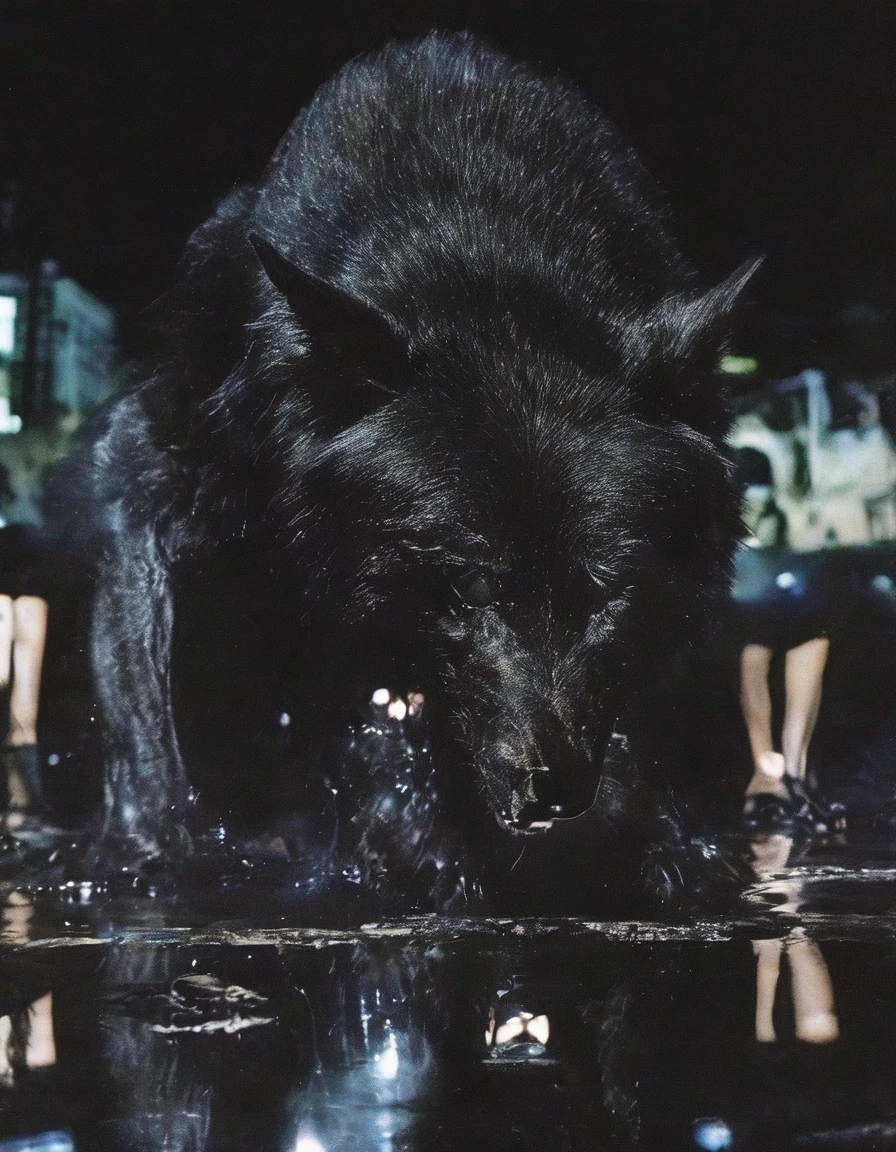 giant black wolves play in cards, bangkok at night background