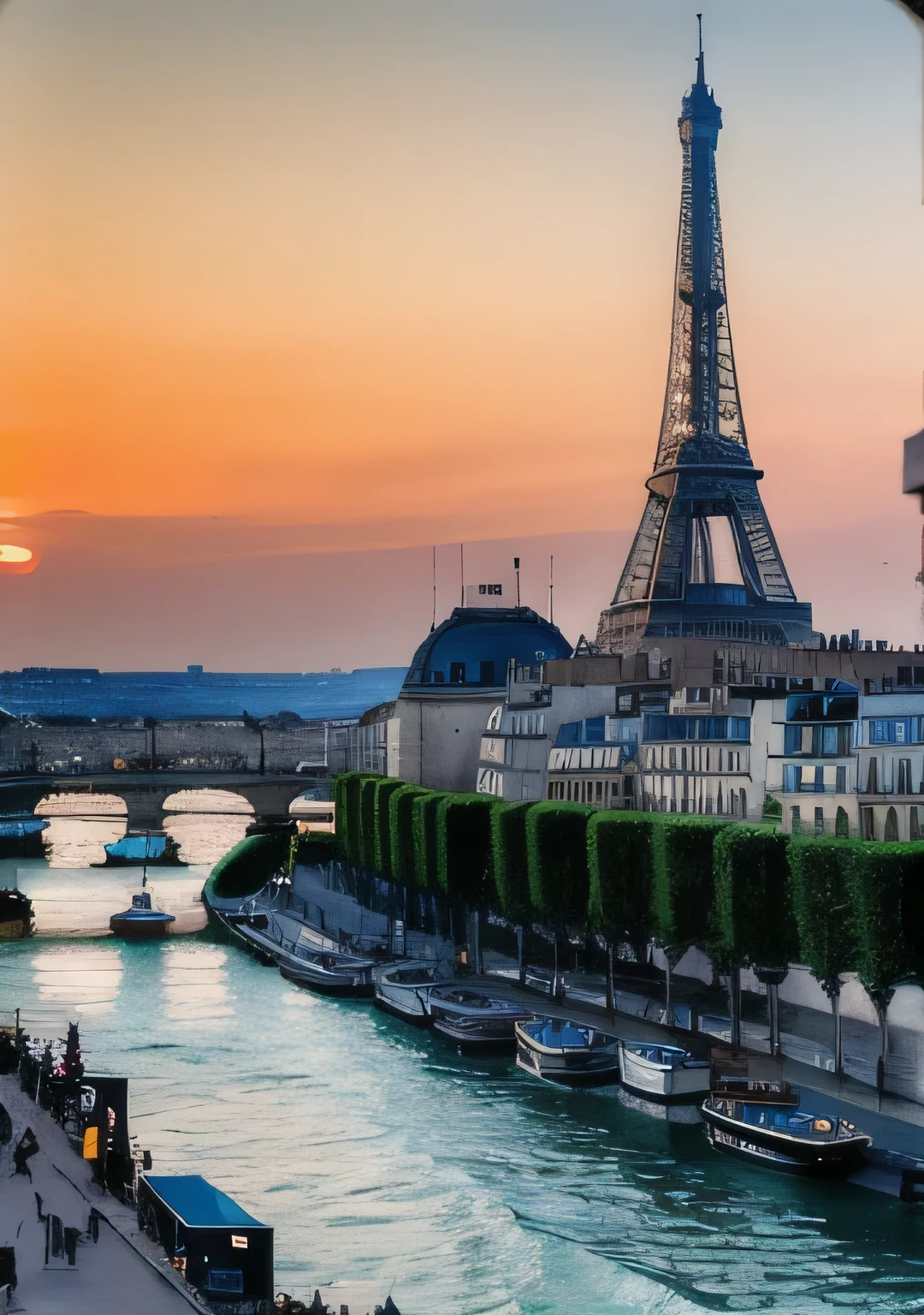 RAW photo of a landscape, small details, photorealistic, ultra-realistic photo, 8k uhd, dslr, soft lighting, high quality, film grain, Fujifilm XT3, (masterpiece), vibrant mid teal orange background, an urban sunset scene with the Eiffel Tower as the main focus. The Seine River flows through Paris, and iconic landmark of Grande Mosquée de Paris. The warm hues of sunset paint the sky in teal and orange, casting a glow over the Eiffel Tower and the city. Boats like Bateaux Mouches sail on the river, adding to the vibrant atmosphere.