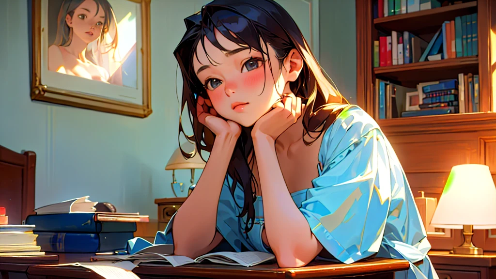 (Highest quality, masterpiece, Ultra-realistic), Beautiful and delicate15Year-old girl portrait, With a calm expression, In the background, he is studying hard at his desk in his bedroom at home.、Exam、Tube top、Bust is D cup、It's summer、The decorations are retro、Landscape、profile、I read a book、Glamour