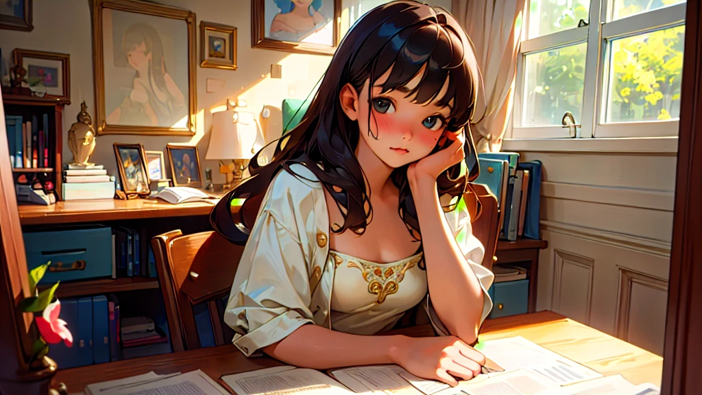 (Highest quality, masterpiece, Ultra-realistic), Beautiful and delicate15Year-old girl portrait, With a calm expression, In the background, he is studying hard at his desk in his bedroom at home.、Exam、Tube top、Bust is D cup、It's summer、The decorations are retro、Landscape、profile、I read a book、Glamour