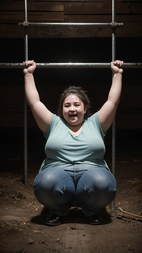 A very fat, obese **************** in an underground prison, looking excited, detailed facial features, (best quality,4k,8k,highres,masterpiece:1.2),ultra-detailed,(realistic,photorealistic,photo-realistic:1.37),HDR,UHD,studio lighting,ultra-fine painting,sharp focus,physically-based rendering,extreme detail description,professional,vivid colors,bokeh,dark and moody atmosphere,cinematic lighting,dramatic shadows,claustrophobic environment,rusty metal bars,stone walls,dirt floor,glowing lights,excited expression,chubby cheeks,double chin,plump body,thick arms and legs