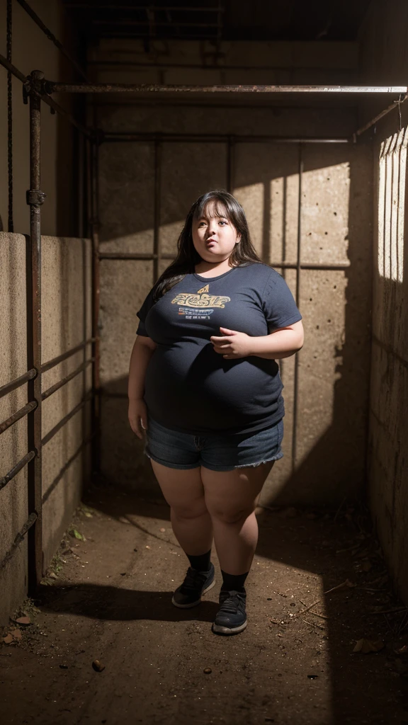 A very fat, obese -yeld giin an underground prison, looking excited, detailed facial features, (best quality,4k,8k,highres,masterpiece:1.2),ultra-detailed,(realistic,photorealistic,photo-realistic:1.37),HDR,UHD,studio lighting,ultra-fine painting,sharp focus,physically-based rendering,extreme detail description,professional,vivid colors,bokeh,dark and moody atmosphere,cinematic lighting,dramatic shadows,claustrophobic environment,rusty metal bars,stone walls,dirt floor,glowing lights,excited expression,chubby cheeks,double chin,plump body,thick arms and legs