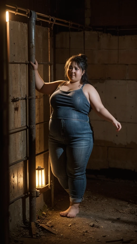 A very fat, obese 10-year-old girl in an underground prison, looking excited, detailed facial features, (best quality,4k,8k,highres,masterpiece:1.2),ultra-detailed,(realistic,photorealistic,photo-realistic:1.37),HDR,UHD,studio lighting,ultra-fine painting,sharp focus,physically-based rendering,extreme detail description,professional,vivid colors,bokeh,dark and moody atmosphere,cinematic lighting,dramatic shadows,claustrophobic environment,rusty metal bars,stone walls,dirt floor,glowing lights,excited expression,chubby cheeks,double chin,plump body,thick arms and legs