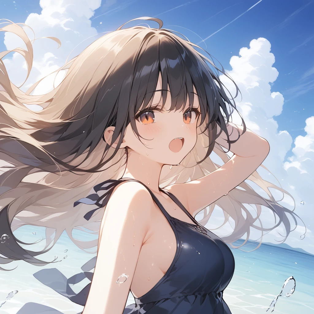 score_9, score_8_up, score_7_up, source_anime, best quality, masterpiece, official art, absurdres, highres, ultra-detailed,waifu2x,Collection: Slice of Life,break,1girl, long hair, medium breasts, beautiful detailed eyes, swimsuit, sweat, open mouth, (yawn:0.3), sleepily, ocean, outdoors, wind, break,(clear line illustration:1.2),very high resolution, very aesthetic, super detailed skin, Best sexual lighting powered by famous artist, 8k,cute picture,beauty illustration,photoshop_(medium),,(Detailed Lighting),best anime 8k konachan wallpaper, pixiv contest winner,