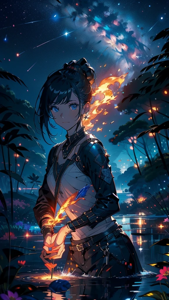 Master Parts, nice, landscape, (((no_Humadim))), night, Floral, garden, Starry Sky, constellation, grow, Overlooking, water, hot, from the heart, peaceful, meteor, universe, magic, magic, granular, Justice, ((fire Fly))