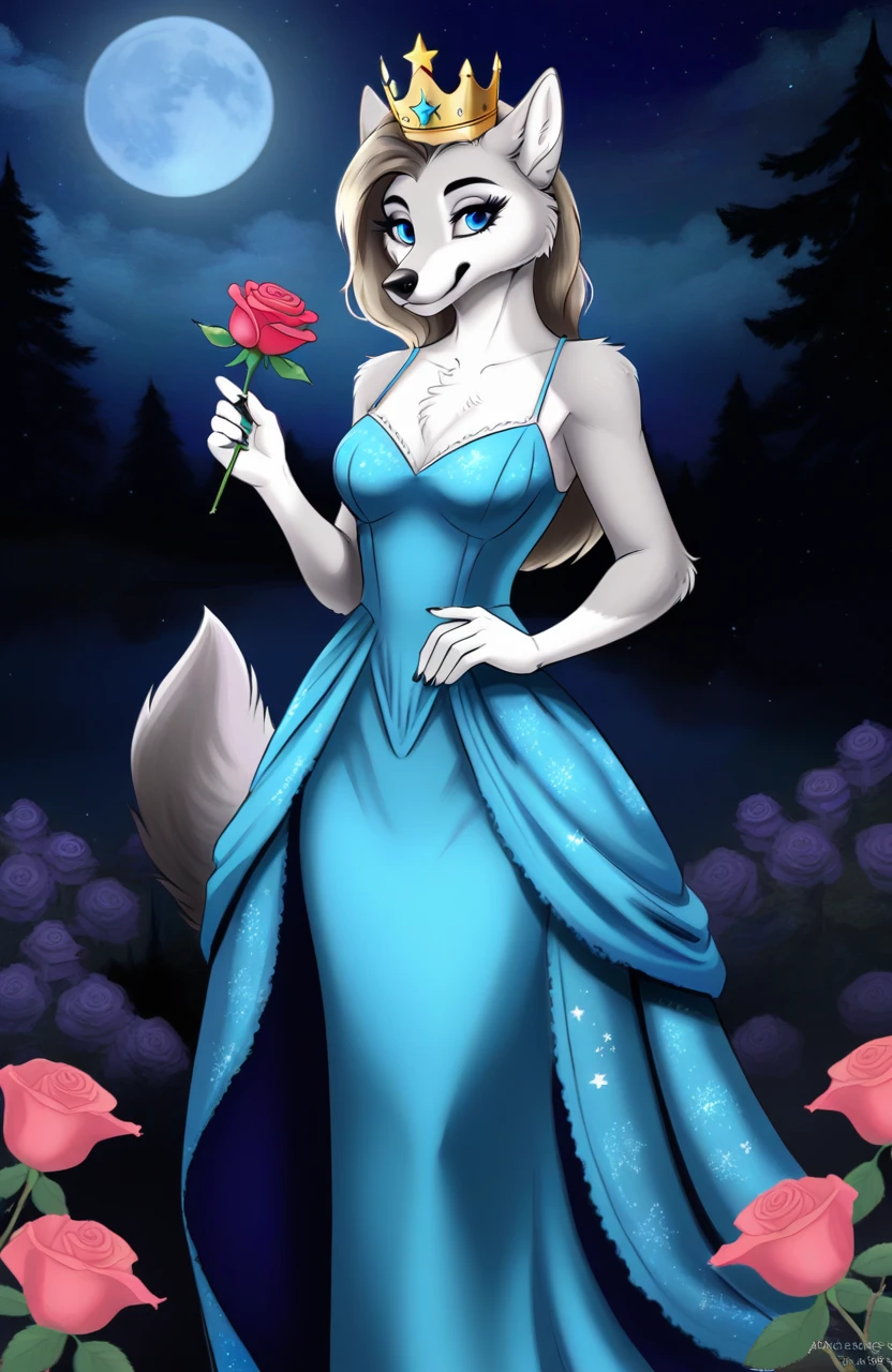 , anthropology, mammal,Queen, crown, Elegant dress,  Empty, clothing, Solitary, fur, plant, Canines, blue eyes, digital media (artwork), Canines, woman, 穿着clothing, holding object, tuft, hair, Inner ear villi, Tops, night, Looking at the audience, flower, Rose (flower), finger, Canines, food, Black Nose, Eyebrow, Star, eyelash, 5 finger, detailed, grey fur, Lost Goose, Gray body