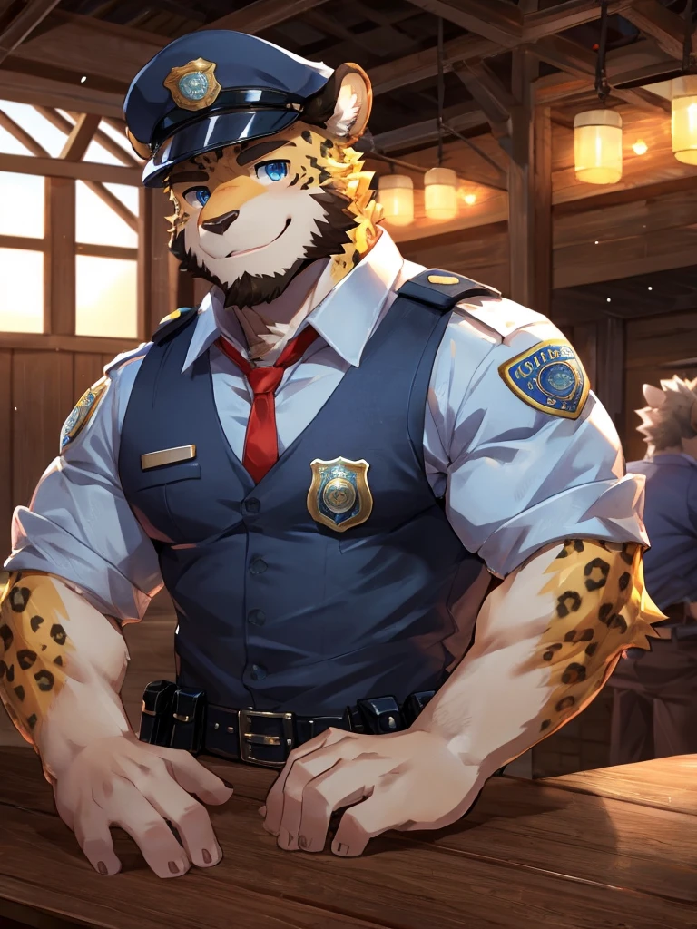 embedding:Leopard,Pale blue eyes,Single Person,Male.Solo,Chief of police,Wearing a police uniform,Wearing a police cap,At the bar,Night,Tertiary,Stubble,A short beard,Mature and stable,muscle,smile,Maturity,Robust,Best quality hands, best quality eye,detailed fur,Delicate eyes.Extreme picture quality,by sollyz,by zixiong,by milkytiger1145