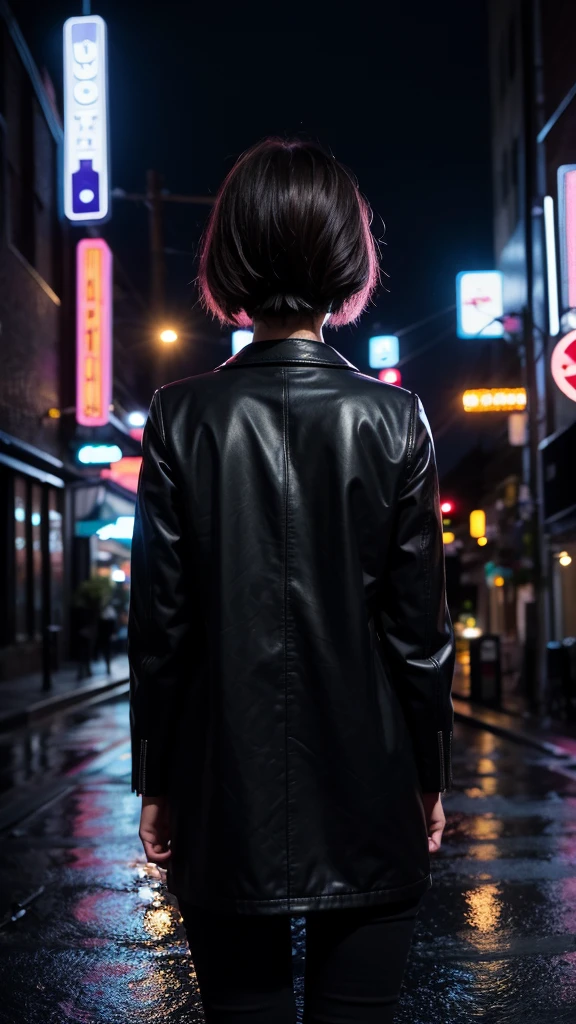 Back view of an adult woman，night，raindrop，City night scene，Neon，Dark Style