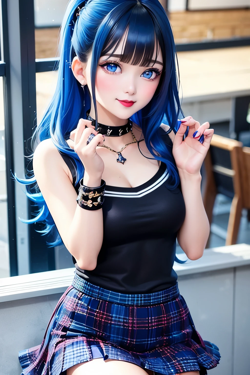 High quality, photo quality, professional finish, pretty beauty, ((total glitter particles: 1.0)), Grace Decker, two-tone blue hair, exercise jacket, ruffle skirt, t-shirt, studded choker, punk, real hands, goth, , college classroom, desk