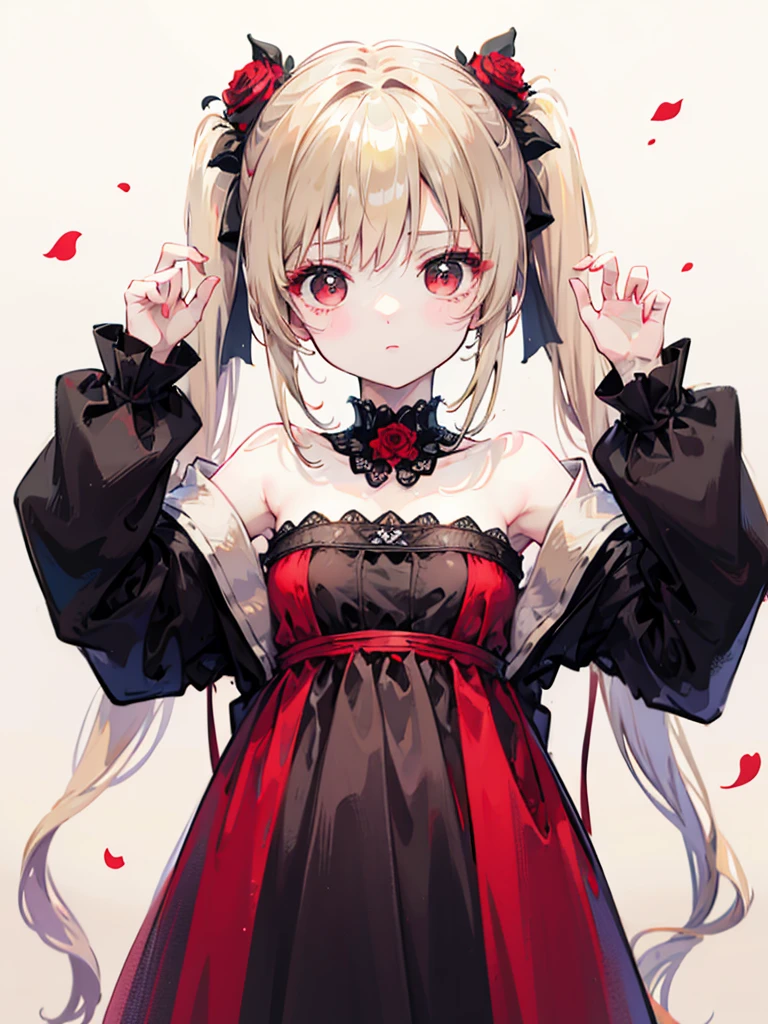 Beige hair and red eyes、Twin tails、Very long hair、Shiny Hair、high quality、Simple Background、White Background、Rose