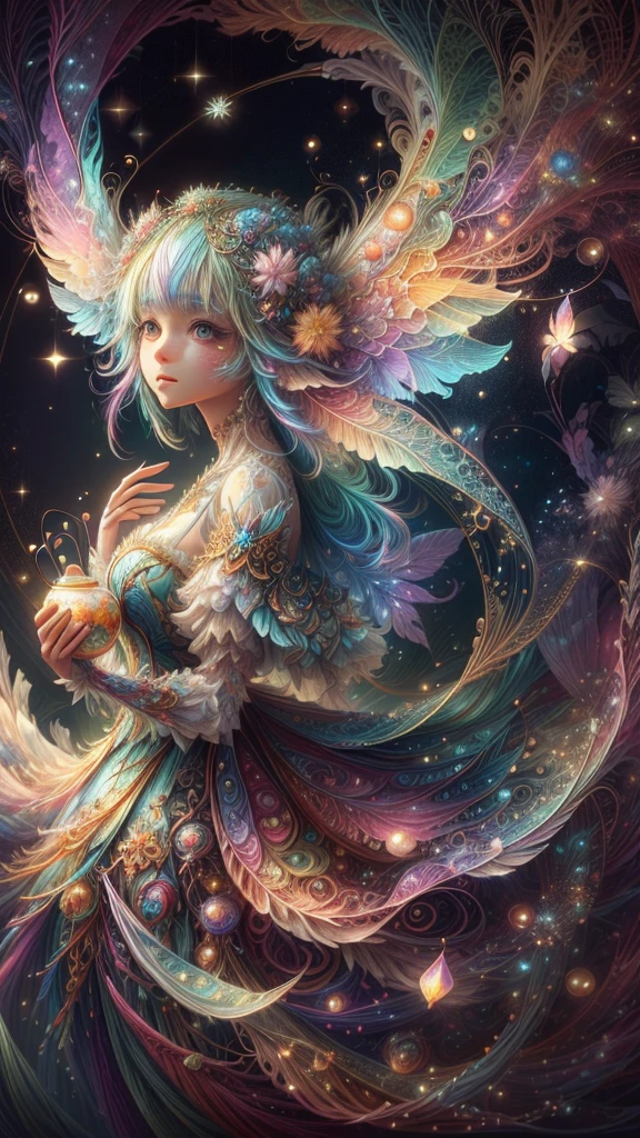 A captivating anime girl gracefully emerges from the pages of a watercolor painting, her vibrant and intricate colors breathing life into the artwork. She wears extraordinary fantasy costumes，Decorated with exquisite details, reflecting the enchanting world she inhabits. Luminescent elements, like glowing crystals and ethereal wisps, surround her, casting a soft, otherworldly glow. The watercolor style imbues the image with a sense of fluidity and delicacy, as if the colors are effortlessly blending and bleeding into one another. Camera shot: Medium Shot, Camera lens: softfocus, Lighting: luminescent glow, watercolor brushstrokes,