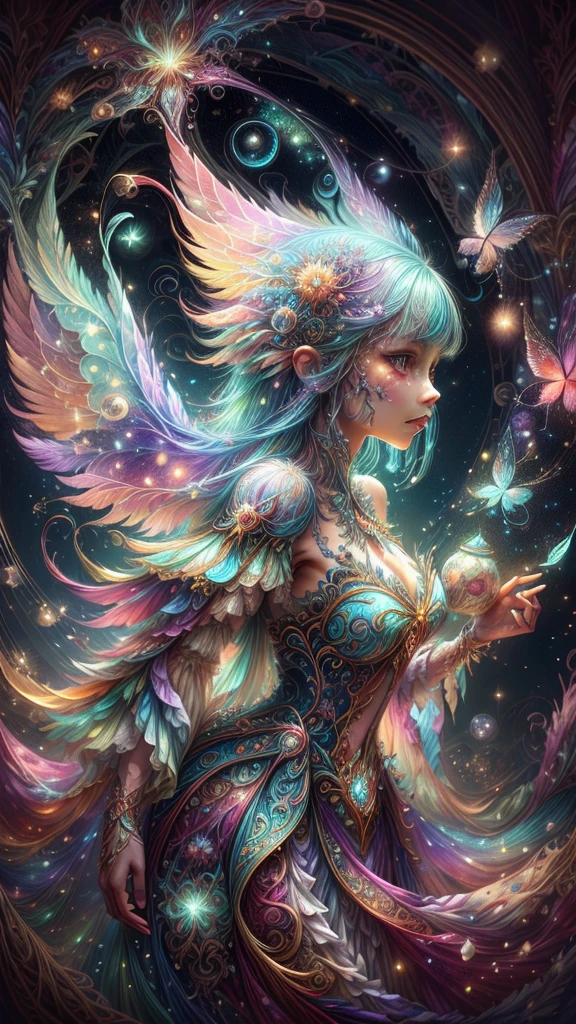 A captivating anime girl gracefully emerges from the pages of a watercolor painting, her vibrant and intricate colors breathing life into the artwork. She wears extraordinary fantasy costumes，Decorated with exquisite details, reflecting the enchanting world she inhabits. Luminescent elements, like glowing crystals and ethereal wisps, surround her, casting a soft, otherworldly glow. The watercolor style imbues the image with a sense of fluidity and delicacy, as if the colors are effortlessly blending and bleeding into one another. Camera shot: Medium Shot, Camera lens: softfocus, Lighting: luminescent glow, watercolor brushstrokes,