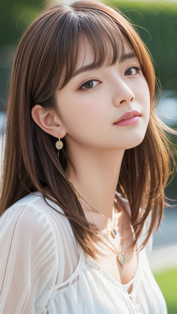 Ultra-high resolution, Superior Quality, Highest quality, Very detailed, Realistic, 8K, RAW Photos, Highest quality, masterpiece, Attractive girl, Awesome girl, Light brown hair、Wavy Hair、 hairstyle semi long、Mesh Hair, Japanese Idols, ear piercing、Necklace around the neck、blouse、Wink、Close one eye
