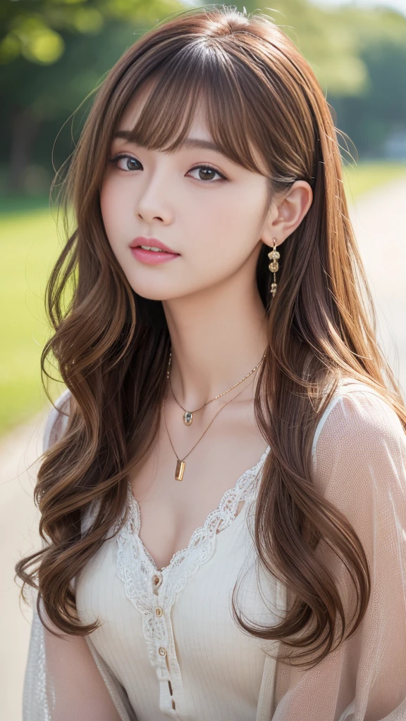 Ultra-high resolution, Superior Quality, Highest quality, Very detailed, Realistic, 8K, RAW Photos, Highest quality, masterpiece, Attractive girl, Awesome girl, Light brown hair、Wavy Hair、 hairstyle semi long、Mesh Hair, Japanese Idols, ear piercing、Necklace around the neck、blouse、Wink、Close one eye
