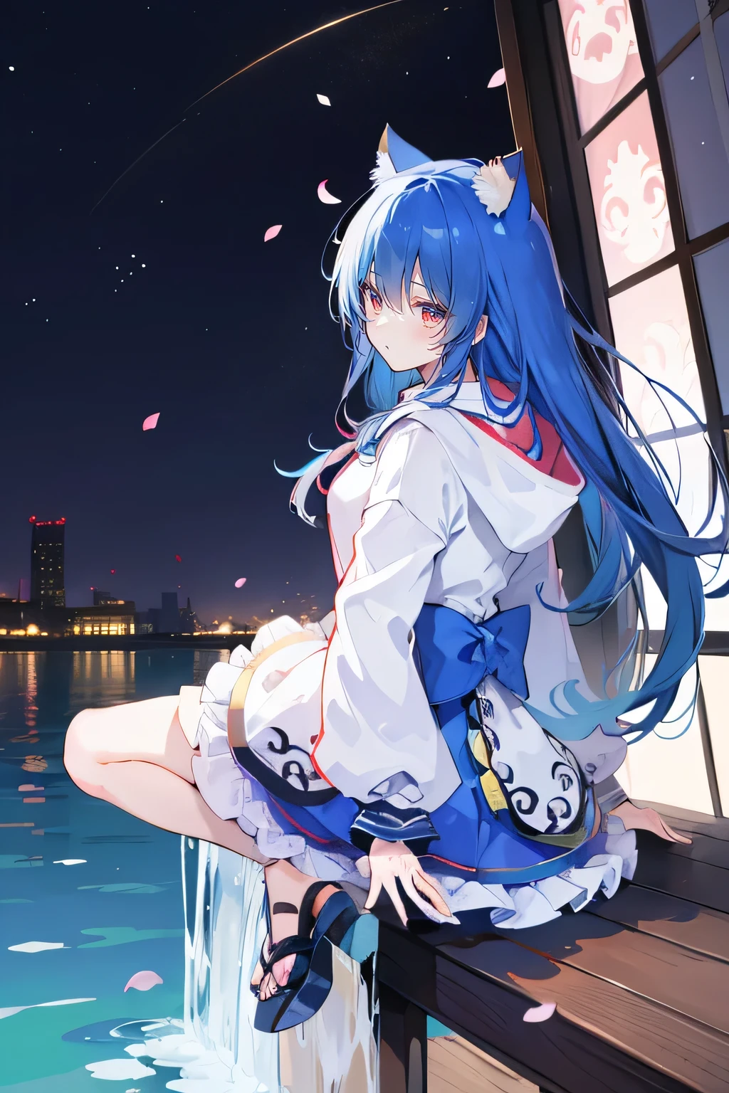 (masterpiece:1.2),Super detailed,lifelike,Expressive eyes,fair skin,perfect face shape,1 girl,
Japanese comics,Gorgeous blue hair,flowing blue hair,flowing clothes,Cat ears,Petals fall,beautiful lola,Baby Angel,
Shaking head with one hand,Cross your legs,Gentle and peaceful background,The pavilion is cool and comfortable,smile, wearing hoodie, background of tokyo,back views,snowing, winter,lie on the water.
