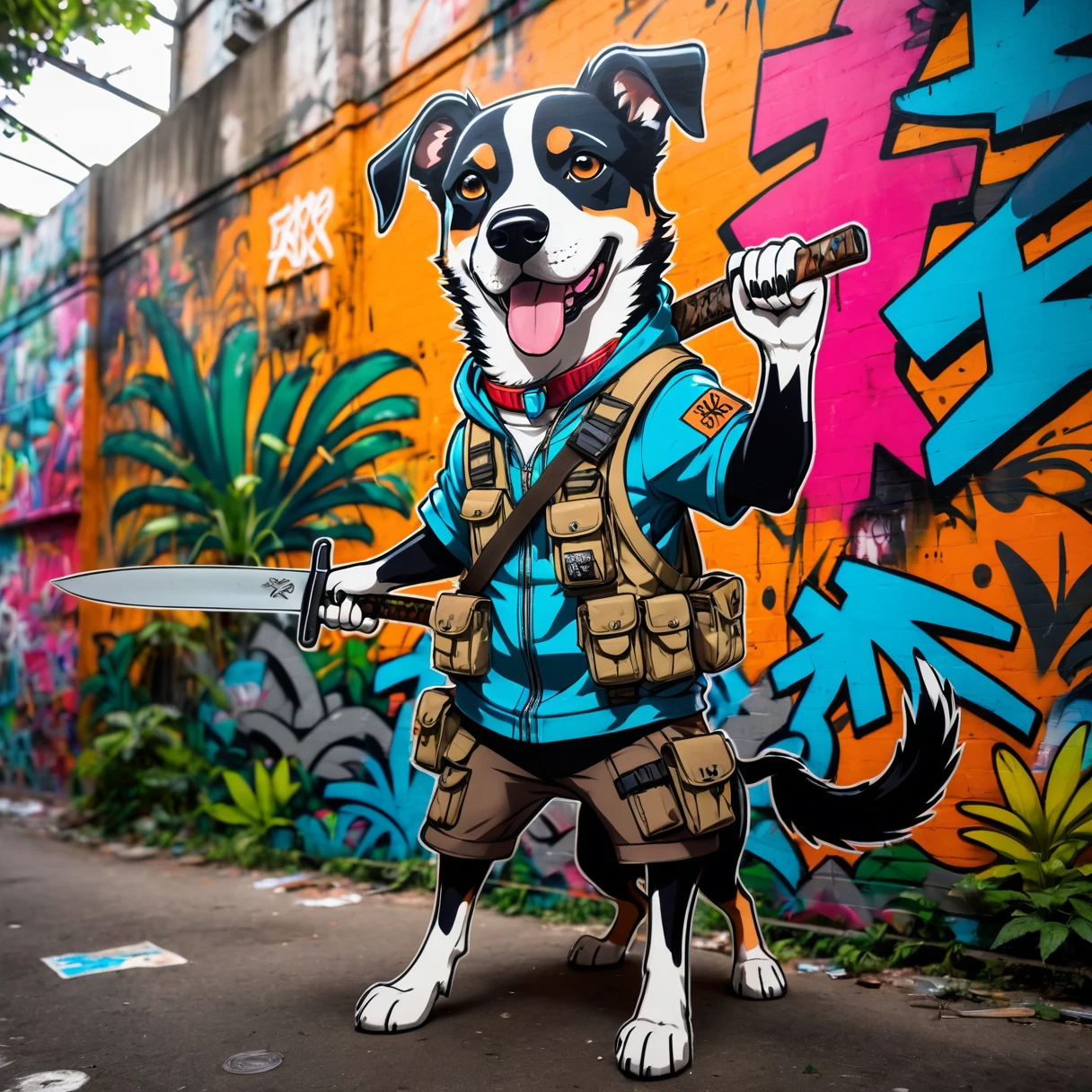 Graffiti style anime style, adventurer dog, dense jungle, holding a machete . Street art, vibrant, urban, detailed, tag, mural, high quality photography, 3 point lighting, flash with softbox, 4k, Canon EOS R3, hdr, smooth, sharp focus, high resolution, award winning photo, 80mm, f2.8, bokeh