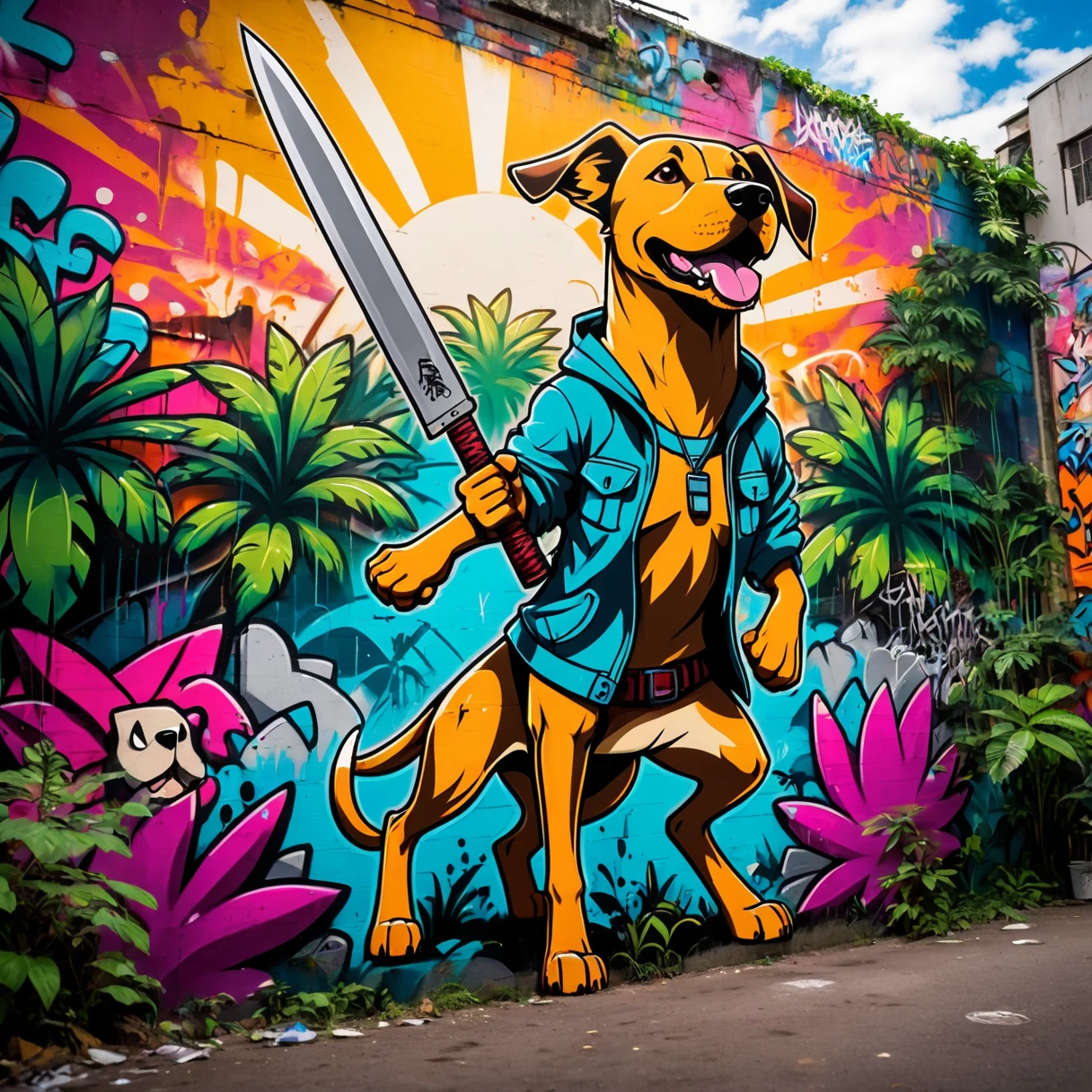 Graffiti style anime style, adventurer dog, dense jungle, holding a machete . Street art, vibrant, urban, detailed, tag, mural, high quality photography, 3 point lighting, flash with softbox, 4k, Canon EOS R3, hdr, smooth, sharp focus, high resolution, award winning photo, 80mm, f2.8, bokeh