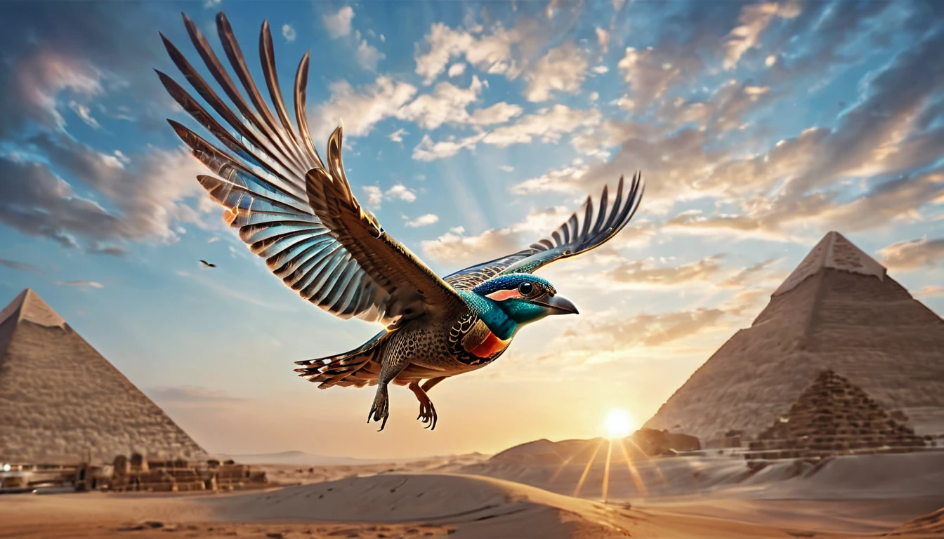 A lone bird flying in the distant sky, centered, scale fit, rule of thirds, (shiny egyptian ornament), high resolution, sharp focus, (ultra detailed, highly detailed), (photorealistic artwork: 1.37), (highly detailed CG unity 8k wallpaper), ((vibrant colors, vibrant theme))), (exquisite), (masterpiece), (best quality), art photography, (photo by sldr), (exquisite background), perfectly rendered face, perfect facial details, realistic face, photorealistic, ((exquisite details)), (((realism))), wide angle perspective