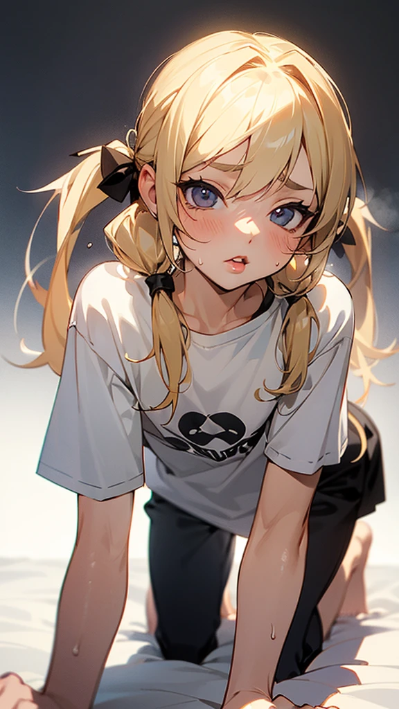 nsfw,(Petite),(boy),blonde low twintails,lips,T-Shirts,On all fours,Front pose,Sweat,White Breath,Viewers from the front,T-Shirts隙間から乳首みえる