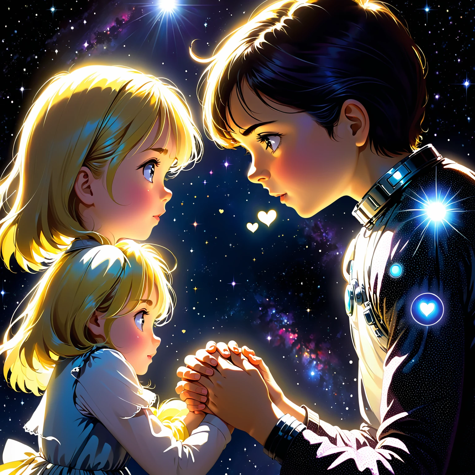 Deep love and friendship are like dots, ions that are affected by any action, as if they were cells of light energy in the range of intensity, color, effect, distance, emotional and sensory receptions in a spiritual mixing between feeling and electrical matter. holding hands between selfishness of childhood innocence and happiness girl of average age, approximately 15 years old, puts her hand to her chest, the innocence of childhood, weight of sadness, boy is near her, and his actions and selfishness in investing hurt her,it appears above her shadow, which is an indication of change in time and place, and it contains an image that indicates progress of her words in age, as if she were Literary object of light stuck at a point in space on event horizon