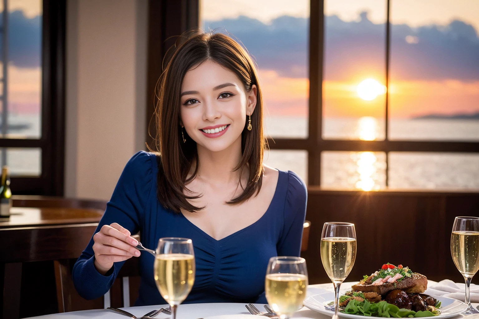 ((Highest quality、、masterpiece:1.3))、1 male 1 female、Slim lover、Beautiful couple、Smile、full-course dinner、 (Slim face), (the body is スリム), (Brown Hair), (Shortcuts), ((Bob Hale、Straight hair:1.2)), テーブルの上のwine glass、Shine light on your face、 Amazing view of the sunset sky and clouds、The beauty of a smile、Bright image、Blushing, Shortcuts, (43 years old), 39 years old, Appetizers、Italian food、Wine bottle、Champagne、sparkling wine、Long sleeve shirt、dress、Attractive beauty、restaurant, Nova Frog Style, actress, model, Upper Body, White wine, red wine, wine glass, 