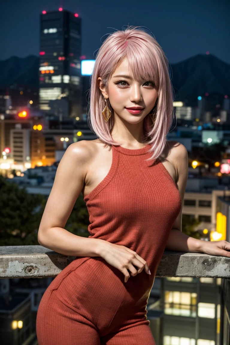 Highest quality, Tabletop, Ultra-high resolution, (Realistic:1.4), (Japanese Idols),RAW Photos, One Girl, night,Detailed skin,Blurred cityscape of South Korea,,Blonde, (Pink inner hair:1.3),Glossy Lips,smile,(Model pose:1.2),21 years old,Beautiful and beautiful eyes,Diamond jewellery,Earrings,Gold Jewelry,Cold Light,Tight black knitwear,,(Strengthened upper arms:1.2),A well-trained body,fairy hair